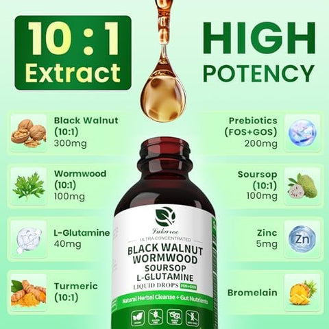 Lukaree Wormwood Black Walnut Clove Tincture " Natural Gut Cleanse Detox For Humans " Support Digestive Health With Lglutamine Prebiotic Soursop Turmeric 5X Absorption Vegan Gluten 4 Fl.Oz