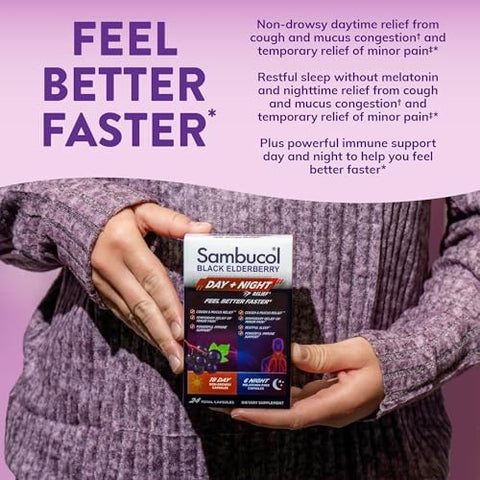 Sambucol Black Elderberry Day & Night Relief - Feel Better Faster Cough & Mucus Relief For Adults Immune Support Non-Drowsy Daytime Relief Restful Sleep Melatonin- - 24 Capsules 1 Pack