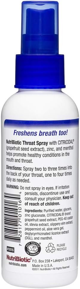 Nutribiotic â€“ Throat Spray With Gse 4 Fl. Oz Gentle And Soothing Sore Throat Support With Grapefruit Seed Extract Zinc & Menthol Alcohol & Non-Medicated