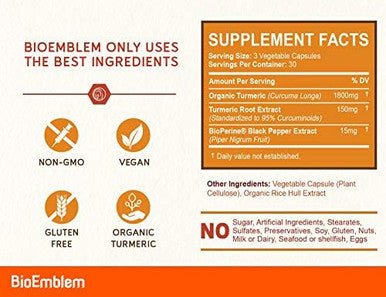 BioEmblem Turmeric Curcumin with BioPerine Curcuminoids For Joint Support and Heart Health Made With Organic Turmeric Powder And Curcuminoids Extract - Non-GMO Made In USA