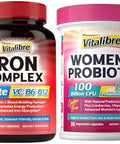Iron Supplement for Women and Men with Vitamins C B6 B12 and Folate+Vitalibre Womens Probiotics 100 Billion CFU 15 Strains w/Prebiotic Cranberry Vitamin B6 and VC