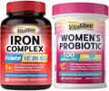 Iron Supplement for Women and Men with Vitamins C B6 B12 and Folate+Vitalibre Womens Probiotics 100 Billion CFU 15 Strains w/Prebiotic Cranberry Vitamin B6 and VC