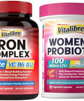 Vitalibre Iron Supplement For Women & Men, With Vitamins C, B6, B12 & Folate+Vitalibre Women'S Probiotics 100 Billion Cfu, 15 Strains, W/Prebiotic, Cranberry, Vitamin B6 & Vc,