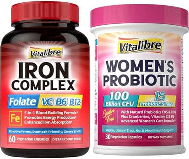 Vitalibre Iron Supplement For Women & Men, With Vitamins C, B6, B12 & Folate+Vitalibre Women'S Probiotics 100 Billion Cfu, 15 Strains, W/Prebiotic, Cranberry, Vitamin B6 & Vc,