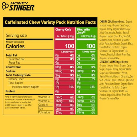 Honey Stinger Organic Caffeinated Energy Chew Variety Pack Of 12 6 Packs Each Of Cherry Cola & Stingerita Lime Gluten Free For Exercise Endurance & Performance Sports Nutrition For Home & Gym