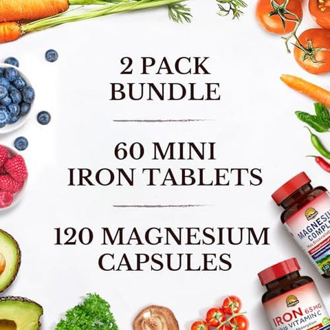 Vitalitown Magnesium Complex Supplement 500mg and 65mg Iron Supplement for Women Men for Sleep Muscle Blood Building and Energy Improvement