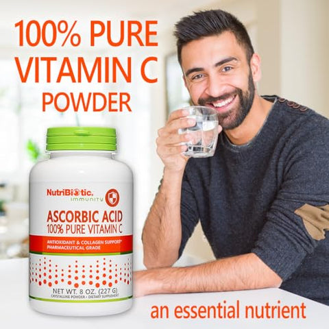 NutriBiotic Ascorbic Acid Vitamin C Powder Pharmaceutical Grade LAscorbic Acid 2000 Mg Per Serving Essential Immune and Antioxidant Collagen Support Supplement Vegan Gluten and GMO 8 Oz