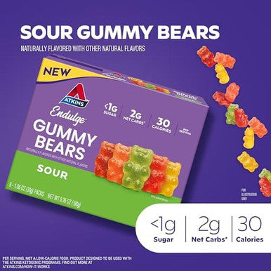 Atkins Endulge Sour Gummy Bears Low Sugar Keto Candy 6 Count