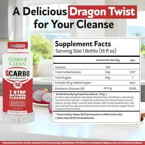 Herbal Clean Qcarbo16 Sameday Detox Cleanse Drink (16 Fl Oz) Dragon Fruit Flavor Full Body Cleanse Detox Drink For Moderate Toxin Level Vitamin B2 And Vitamin B12 For Men & Women