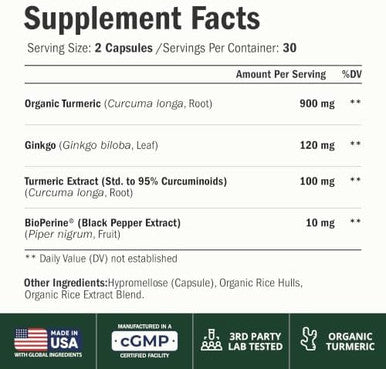 Ginko Biloba Capsules with Ginkgo Biloba 120mg & Organic Turmeric for Joint Support Focus and Brain Health Gingo Biloba Supplement with Black Pepper (Bioperine) for Max Absorption 60 Count