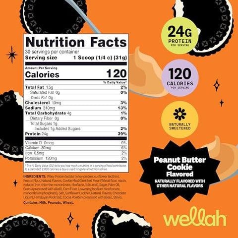 Wellah Grass-Fed Whey Protein Isolate Powder (Peanut Butter Cookie) 30 Servings - 24G Of Protein 120 Calories Per Serving Naturally Sweetened