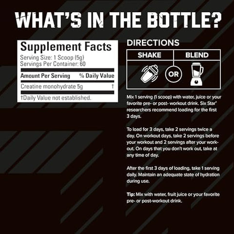 Six Star 100% Creatine Monohydrate Powder - Unflavored Micronized Creatine Monohydrate Supplement For Workout Performance Muscle Building & Strength - Creatine Powder For Women & Men - 60 Servings