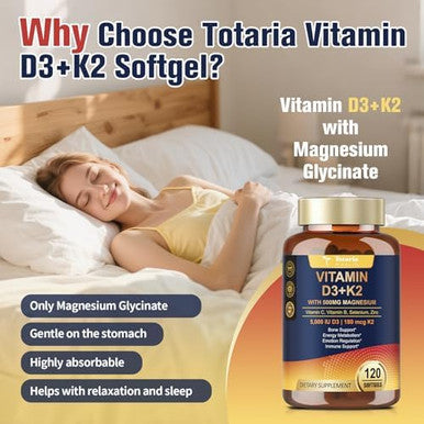 Totaria 9-In-1 Magnesium Glycinate 500Mg + Vitamin D3 5000 Iu & K2 Complex - High Absorption - Healthy Stress, Sleep, Muscle Function, Bone Health & Energy Supports Non-Gmo, Gluten- 120 Softgels