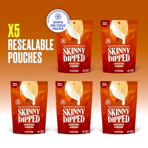 SkinnyDipped Maple Kiss Almonds, Healthy Snack, Plant Protein, Gluten Free, 3.5 oz Resealable Bags, Pack of 5, Seasonal Flavor