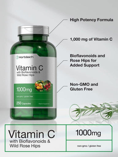 Vitamin C 1000mg | 250 Capsules | with Bioflavonoids and Rose Hips | Non-GMO, Gluten Free Supplement | High Strength Formula | by Horbaach