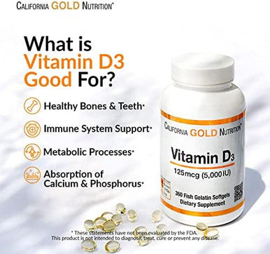 California Gold Nutrition Vitamin D3 125 Mcg (5000 Iu) 360 Fish Gelatin Softgels 5 Pack