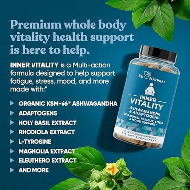 Eu Natural Vitality Cortisol Supplement Fight Fatigue, Feel Calm & Balanced Healthy Cortisol, Focused Energy, Adrenal Support Ashwagandha Supplement With Rhodiola, L-Tyrosine, Holy Basil 60 Veg Capsules