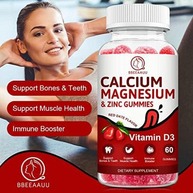 Calcium, Magnesium, Zinc & Vitamin D Gummies - 2 Pack Vitamins For Women, Men & Kids Calcium Supplements For Strong Healthy Bones, Zinc Gummies, Gluten-Free, Vegan - 120 Count