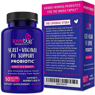 LoveBug Probiotics Complete Women's Health 50 Billion CFU Vaginal Care and pH Balance Probiotic Proven Ingredients with Pacran Promotes Urinary Tract Health Advanced Strength 30 Capsules