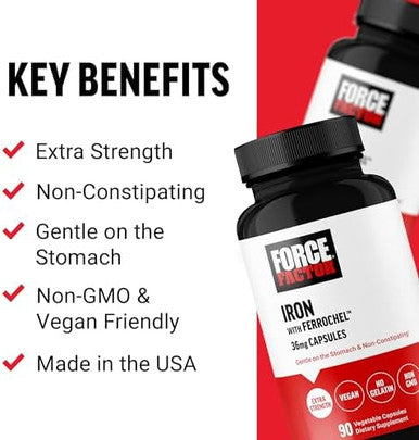 Force Factor Iron Supplement For Women And Men Nonconstipating Gentle On The Stomach Iron Bisglycinate 36Mg 90 Vegetable Capsules