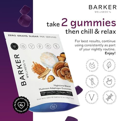 Barker Wellness Co Nighttime Vegan Sugar Adaptogen Mushroom Gummies " Reishi Lion'S Mane Chaga Cordyceps For Calm Rest & Recovery " Nongmo Sleep Support & Relaxation Supplement 60 Count