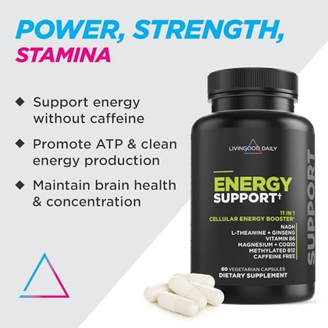 Livingood Daily Energy Support 11-In-1 Supplement With Magnesium Vitamin B6 B12 Amino Acids L Carnitine Coq10 Ginseng & L Theanine Supports Natural Energy For Men & Women Vegan 60 Capsules