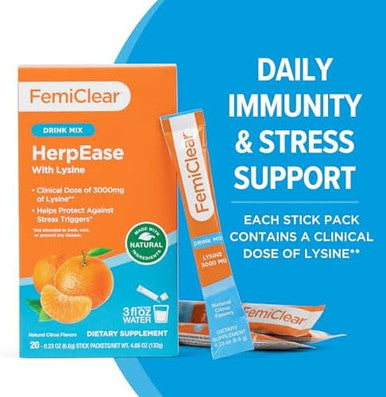 Femiclear Herpease With L-Lysine 3000Mg Dietary Supplement Drink Mix With Zinc 11Mg Vitamins A And C 900Mg Sensoril Ashwaganda 250Mg Stevia Extract 60Mg