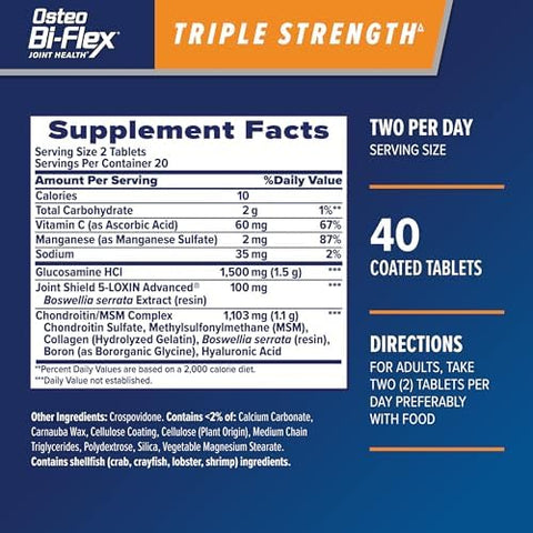Osteo Biflex Triple Strength(5) Glucosamine Chondroitin With Vitamin C Joint Health Supplement Coated Tablets 40 Count