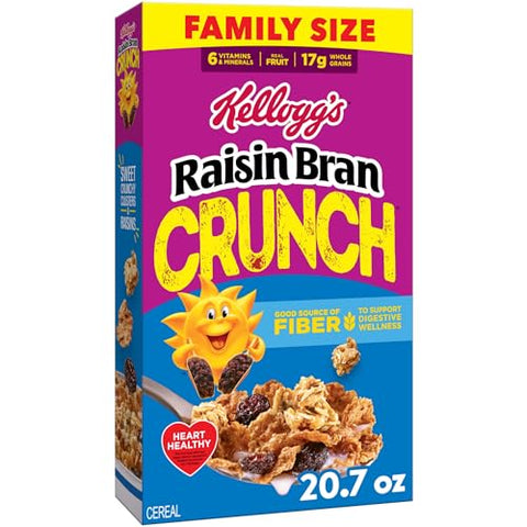 Kellogg's Raisin Bran Crunch Breakfast Cereal Cups, Fiber Cereal, Made with Real Fruit, Original, 33.6oz Case (12 Cups)