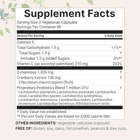 Micro Ingredients Pure D Mannose 1300Mg With Cranberry & Probiotics 240 Veggie Capsules Urinary Tract Health For Women Plus 1 Million Cfu Probiotics Blend & High Absorption Vitamin C Filler Free Non-Gmo
