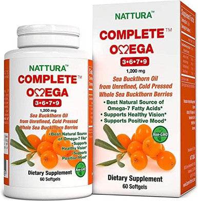 Nattura Complete Omega 3-6-7-9 Pure Sea Buckthorn Oil European Quality from Unrefined Cold Pressed Whole Sea Buckthorn Wild Berries - Non-GMO Certified Kosher Gluten- Capsules