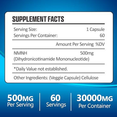 Nmnh (Dihydronicotinamide Mononucleotide), 500Mg Per Serving, Nad Supplement To Boost Nad+ Levels As We Age, Nad + Supplement For Anti Aging & Energy, 60 Capsules