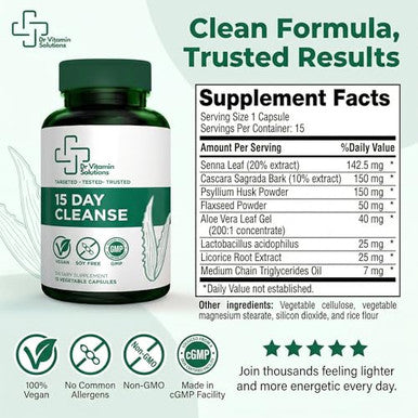 Dr Vitamin Solutions 15 Day Colon Cleanse & Detox For Women And Men Gut Cleanse With Senna Aloe Vera Psyllium Husk & Probiotics Bloating Constipation Relief Gentle Vegan Non-Gmo 15 Capsules - Dr Vitamin Solutions