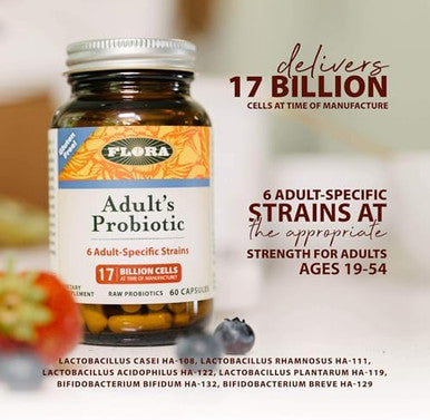 Flora Adult'S Probiotic Vegetarian Daily Probiotic For Gut & Digestive Health Includes Lactobacillus & Bifidobacterium 17 Billion Cfu Gluten Keep Chilled 120 Capsules