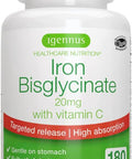 High Absorption Chelated Iron Bisglycinate 20mg with Vitamin C, Gentle Iron, Targeted Release, One Daily, Vegan, 180 Tablets, by Igennus