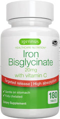 High Absorption Chelated Iron Bisglycinate 20mg with Vitamin C, Gentle Iron, Targeted Release, One Daily, Vegan, 180 Tablets, by Igennus