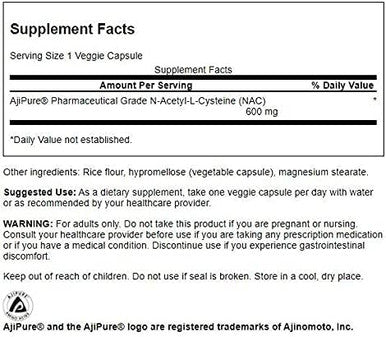 Swanson Amino Acid Ajipure N-Acetyl-L-Cysteine Pharmaceutical Grade 600 Milligrams 60 Veg Capsules