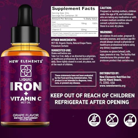 Elements Liquid Iron Supplement With Vitamin C 18Mg Iron & 50Mg Vitamin C For Anemia Support Blood Builder Drops For Women & Men Fast Absorption Boosts Energy & Immunity Vegan Non-Gmo