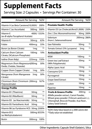 Vites Mens Multivitamin Complete Daily Supplement with Fruits Veggies Energy Immune and Prostate Support Daily Whole Food Vitamins with Antioxidants and Digestive Enzymes