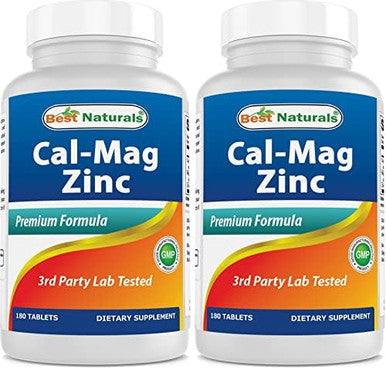 2 Packs Best Naturals Calcium Magnesium Zinc 180 Tablets Essential Cal Mag Zinc Mineral Complex (Total 360 Tablets)
