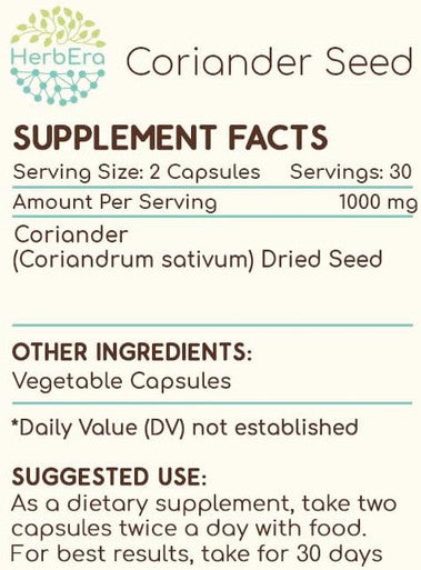 HerbEra Coriander Seed 60 Capsules, 500 mg, Coriander Seed (Coriandrum sativum) Dried Seed (60 Capsules)