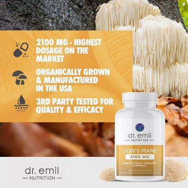 Dr. Emil Nutrition 2100Mg Organic Lions Mane Supplement Capsules Focus Mental Clarity & Cognition Nootropic Lion'S Mane Mushroom Supplement With Organic Lions Mane