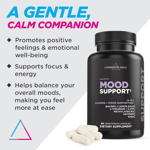 Livingood Daily Mood Support Supplement For Women & Men 14-In-1 Formula With L Theanine Lemon Balm Gaba Saffron 5-Htp & B12 Supports Focus & Emotional Wellness Gluten Vegan 60 Capsules