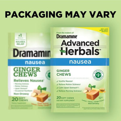 Dramamine Ginger Chews Helps With Nausea Lemon Honey Ginger Flavor 20 Soft Chews (Pack Of 2)