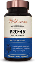 Live Conscious PRO45 Probiotics for Women & Men: Comprehensive Formula, 45 Billion CFU, 11 Strains, Dairy Free - w/ Prebiotics and Probiotics - Promotes Immune & Gut Health - 30 Veggie Caps