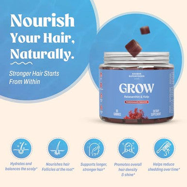 Akasha Superfoods Grow Hair & Beauty Gummies Supplement With Zinc Vitamin E 60 Count