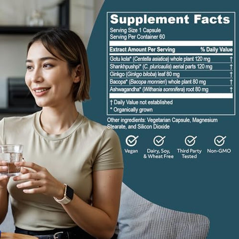 R-U Ved Memoren - Bacopa Supplements Organic Bacopa Monnieri Gotu Kola Gingko & Ashwagandha For Memory & Focus Cognitive Support Pill For Adults - 60 Vegetarian Capsules (1 Count)