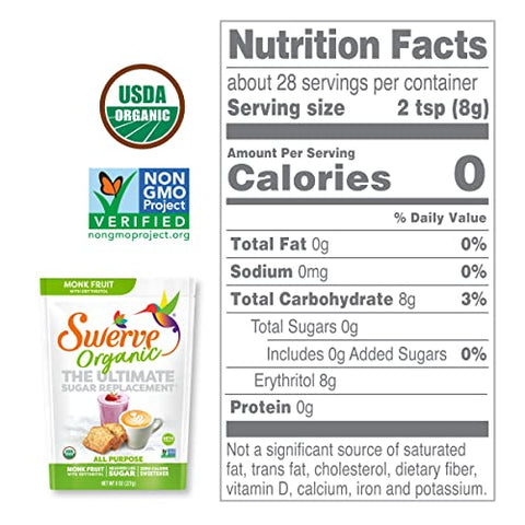 Swerve Organic Monk Fruit All-Purpose Granular Sugar Replacement Sweetener, 8 Ounce Bag (Pack of 2)