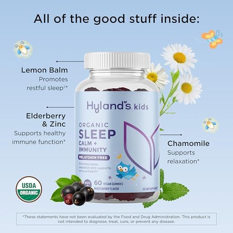 Hyland'S Kids Melatonin Organic Sleep Aid Gummies With Calm & Immune Support With Vitamin C Zinc Elderberry Lemon Balm & Chamomile Helps With Sleeplessness & Restlessness 60 Vegan Gummies