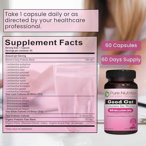 Pure Nutrition Good Gut Women'S Probiotics 50 Billion Cfu 16 Strains 60 Caps Probiotics For Women With Organic Prebiotic Blend Once Daily Non Gmo Gluten Free